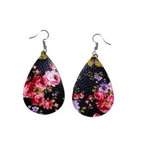 floral silver plated leaf earrings black pink large